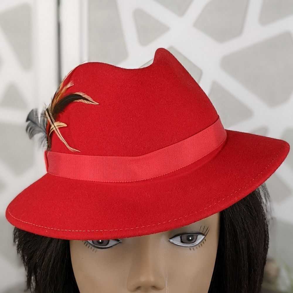 George GEO W Bollman 100% Wool Classic Red Fedora Hat With Feather In Band - Picture 2 of 7